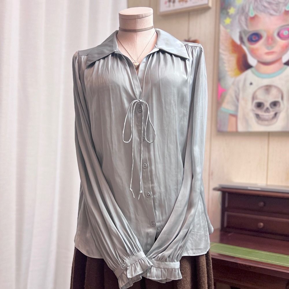 Zadig & Voltaire Tilan Satin Blouse Blue Grey Large WWSH00468 Long Sleeve Tie